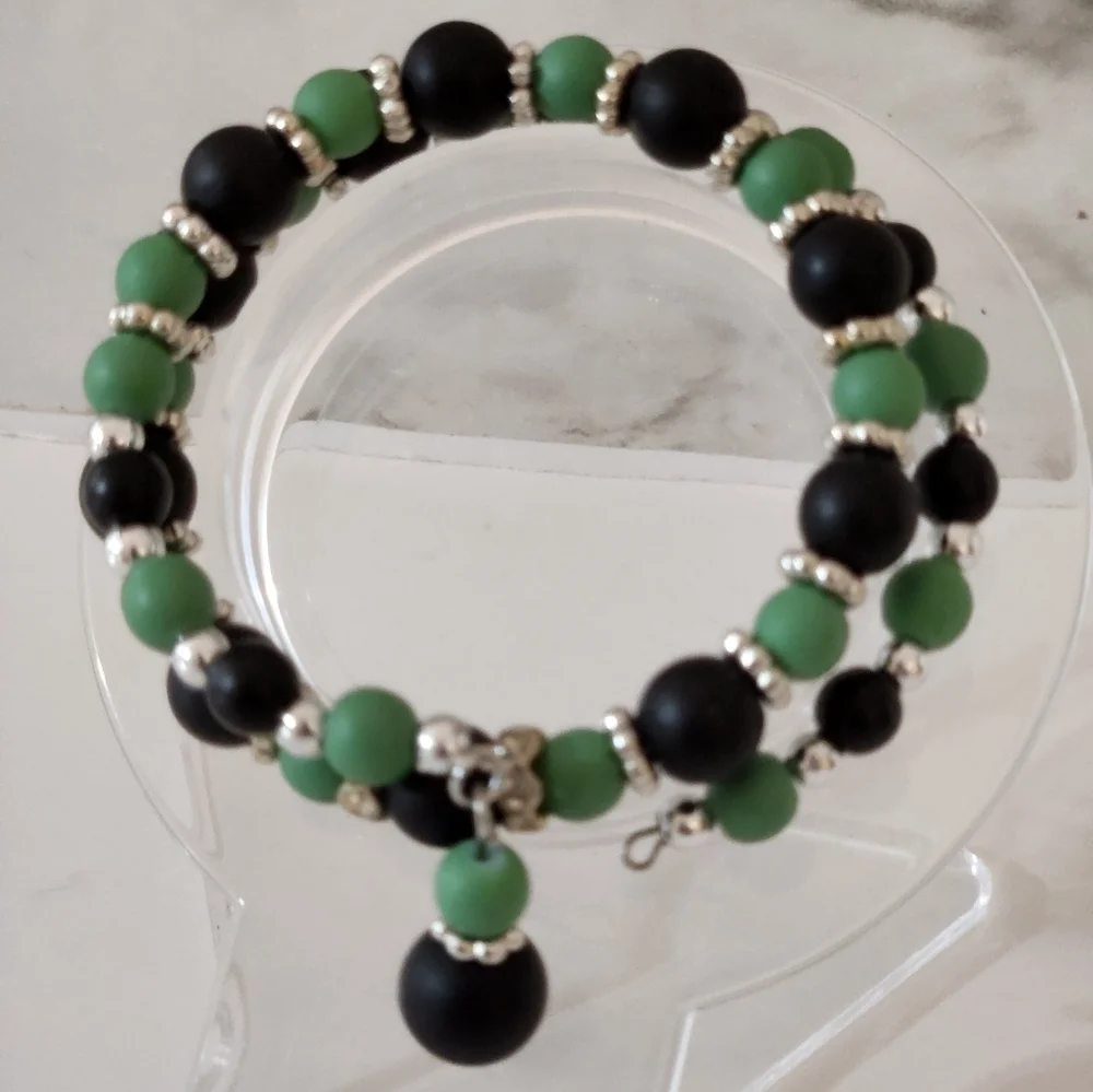 Hand Crafted Black and Green Beaded Jewelry Set Wrapped Bracelet Hoop Earrings